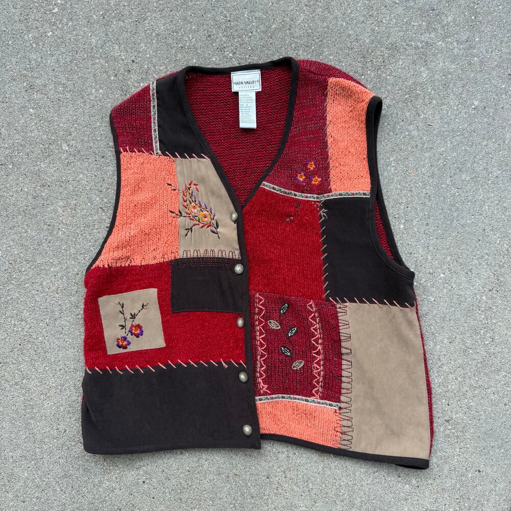 90s Y2K chenille yarn knit patchwork sampler boho warm tone color sweater vest